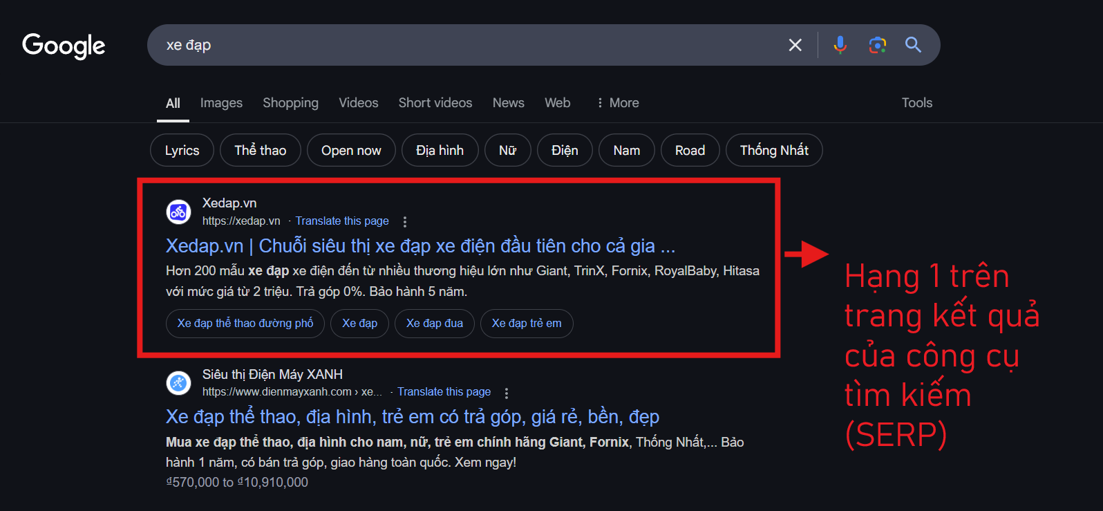 Hạng 1 trên trang kết quả của Google